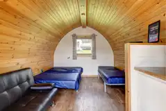 Large hiker pod with sofa bed interior, sleeping up to five and dog friendly
