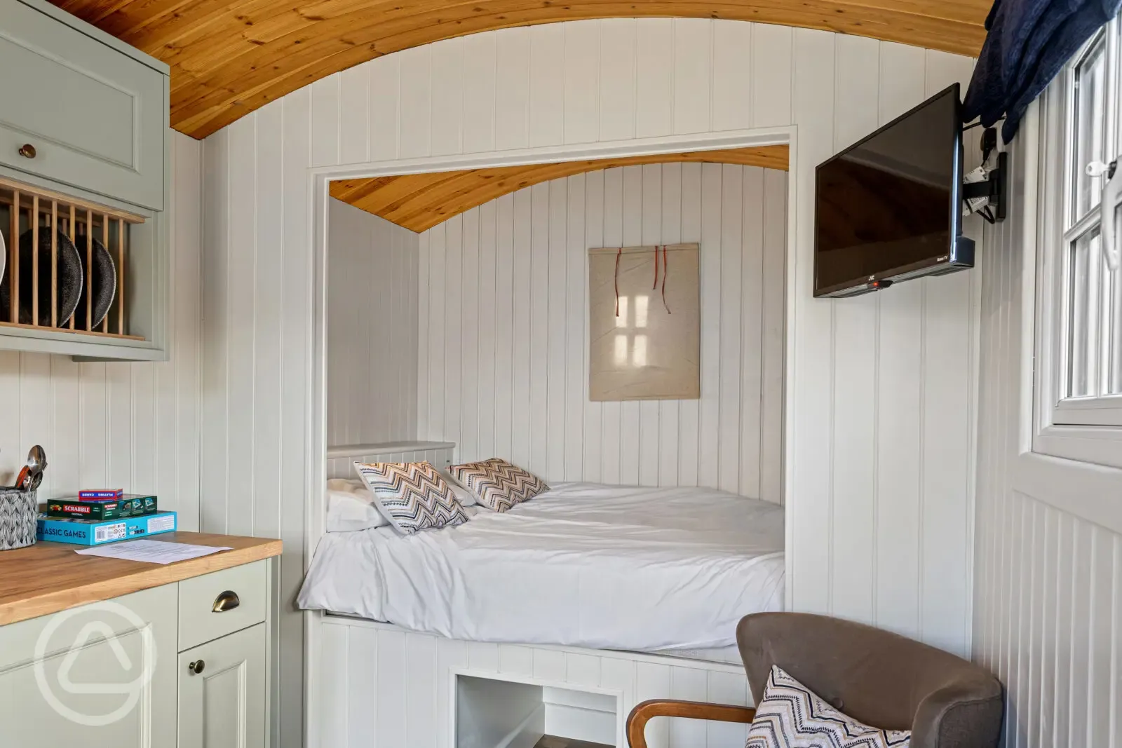 Primrose shepherd's hut interior with double bed