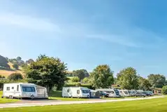 Fully serviced hardstanding pitches backed by trees and hedges