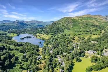 Aerial of the Rydal Hall Campsite next to Rydal Water overlooking Cumbrian fells