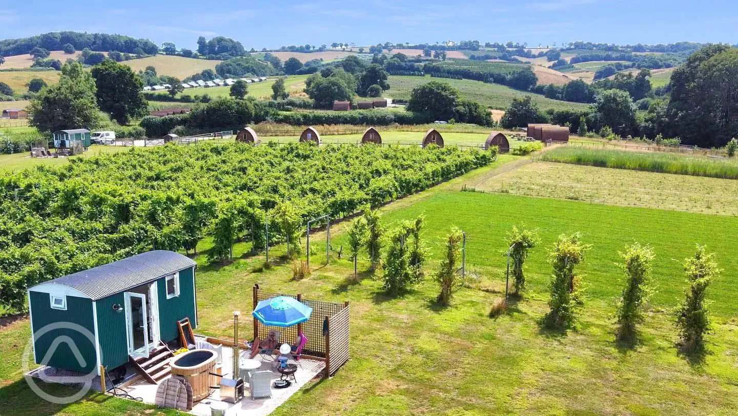 Aerial of the ensuite shepherd's hut with hot tub