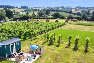 Aerial of the ensuite shepherd's hut with hot tub