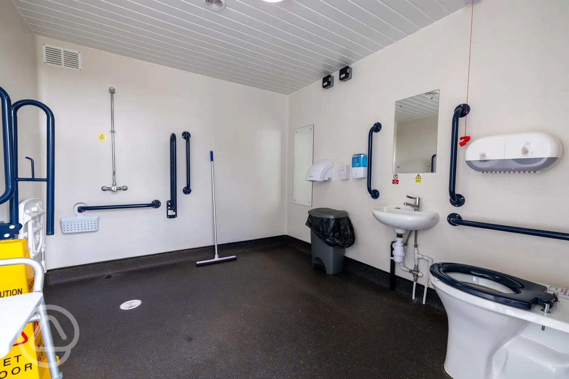 Accessible toilet and shower room with several grab rails and a chair