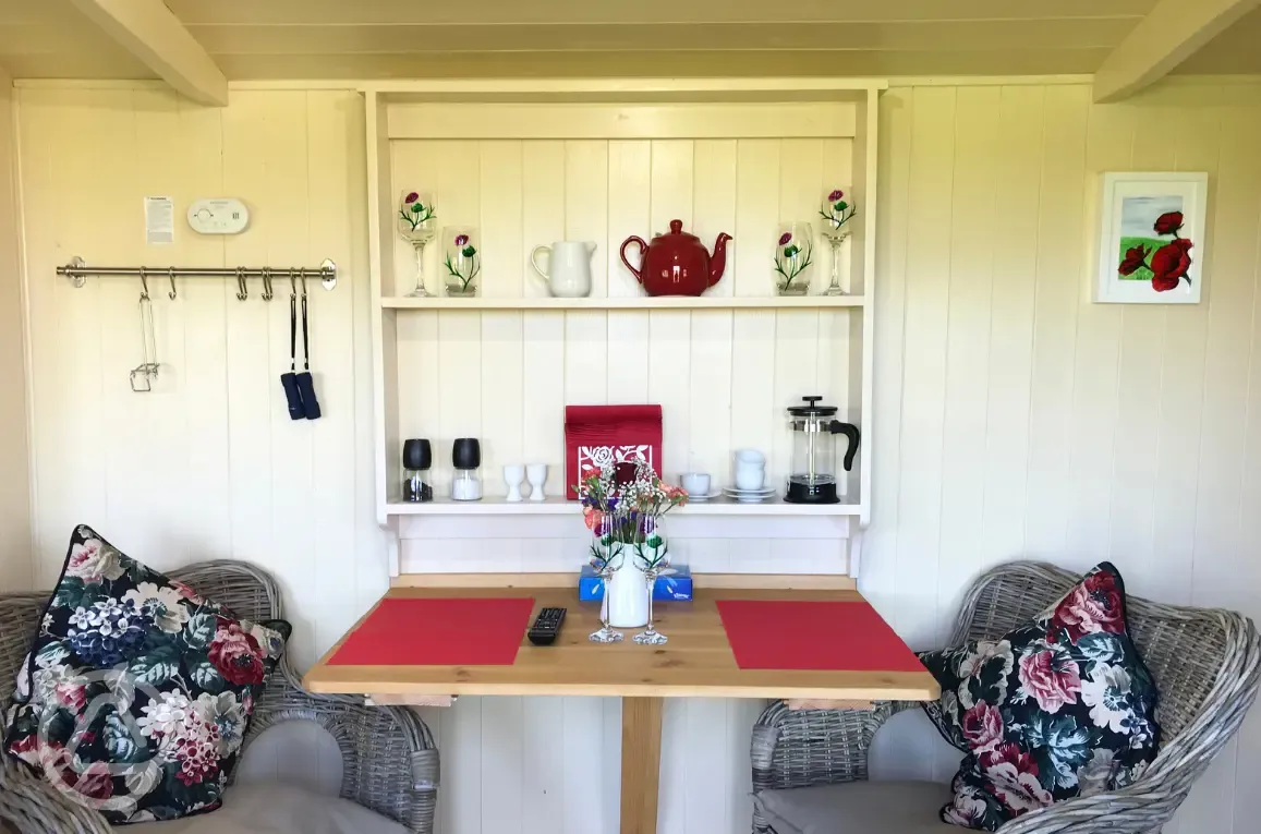 Shepherd's hut seating area