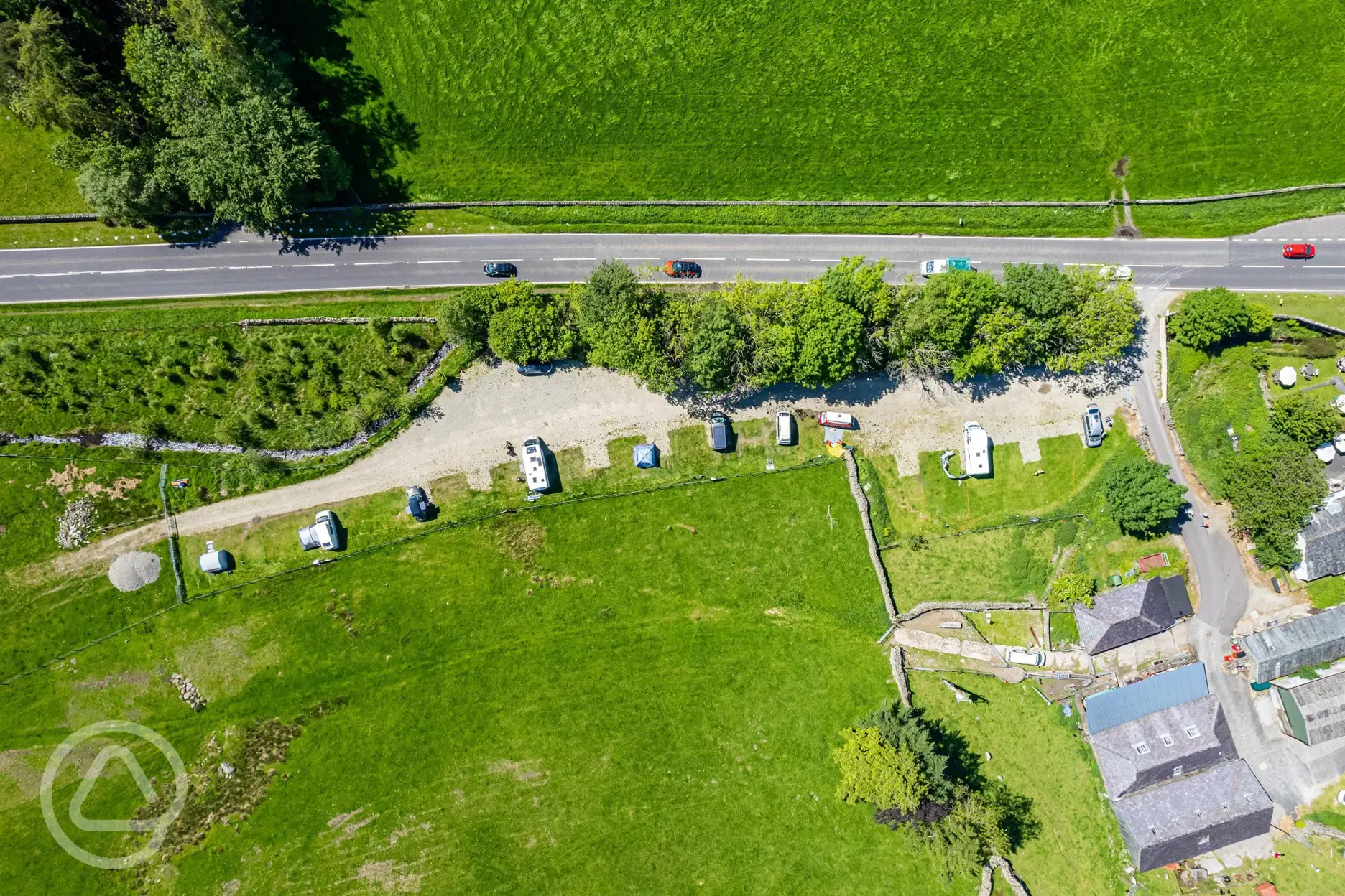 Birdseye view of Thirlspot Farm Camping beside the A591