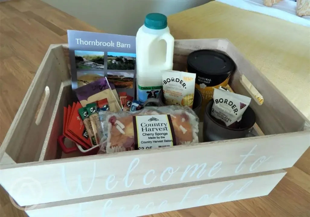 Ensuite glamping lodge welcome pack at Thornbrook Barn Ensuite glamping lodge welcome pack at Thornbrook Barn