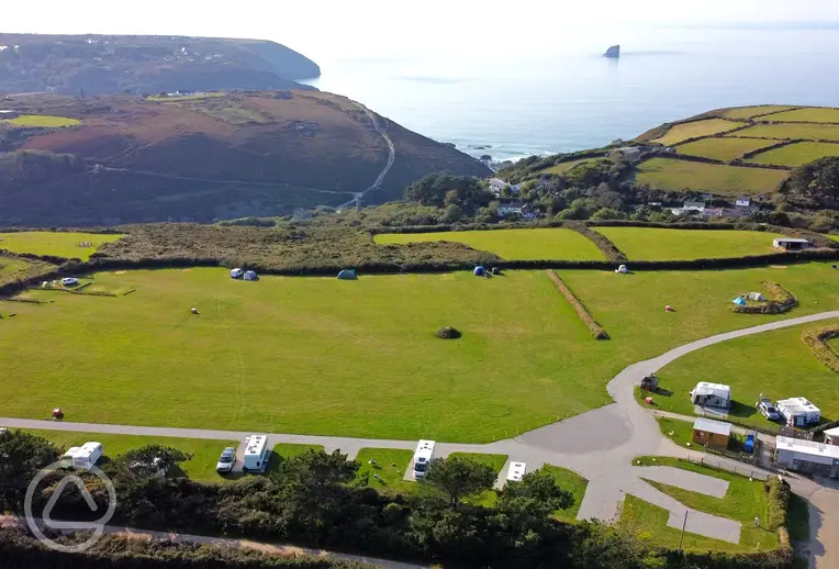 Aerial of Trevellas Manor Farm Caravan and Campsite with sea views