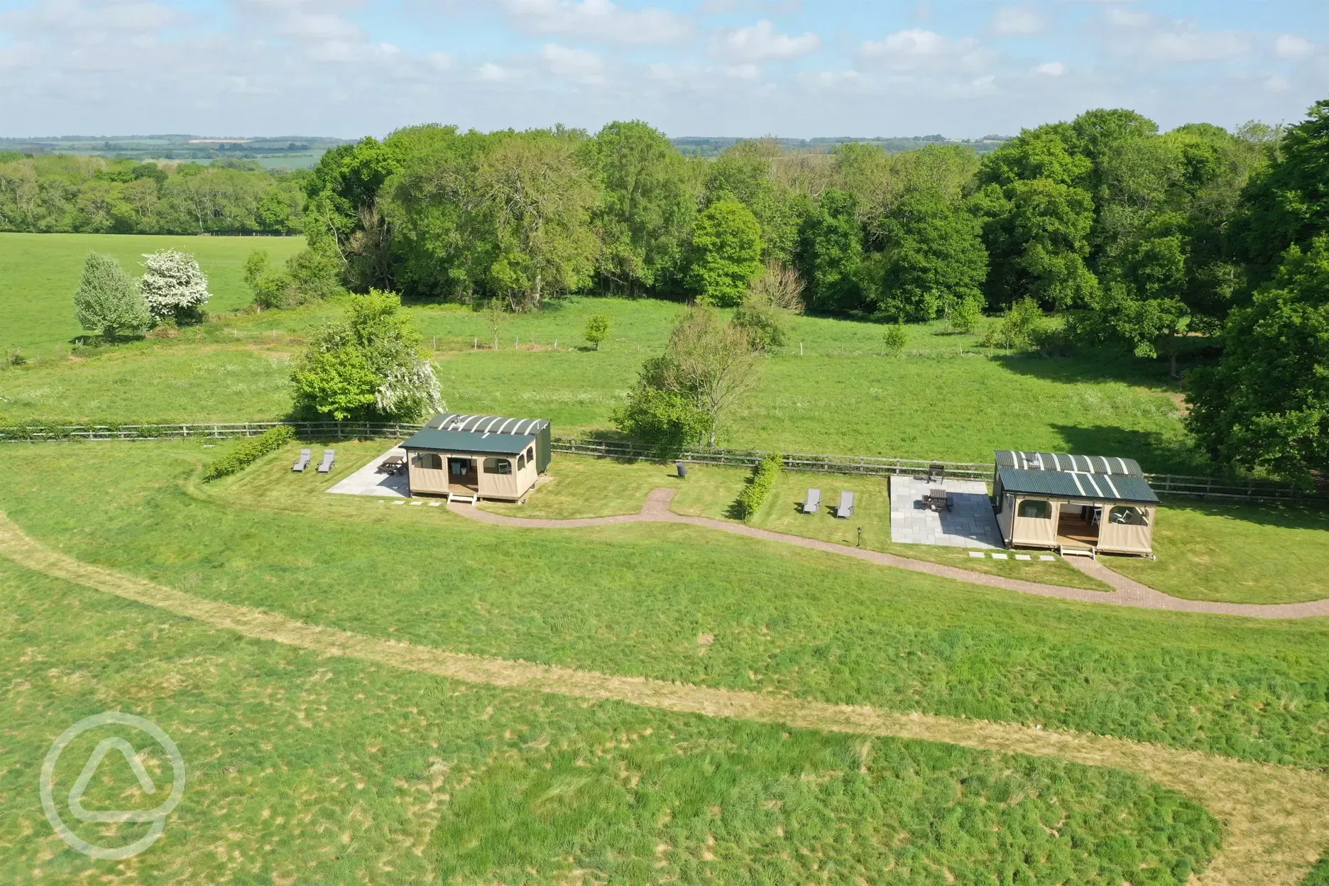 Aerial view of our two Shepherd's Huts