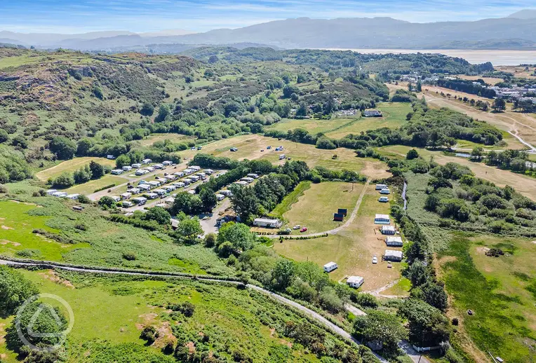 Aerial of Tyddyn Adi Caravan and Camping Park towards Black Rock Sands