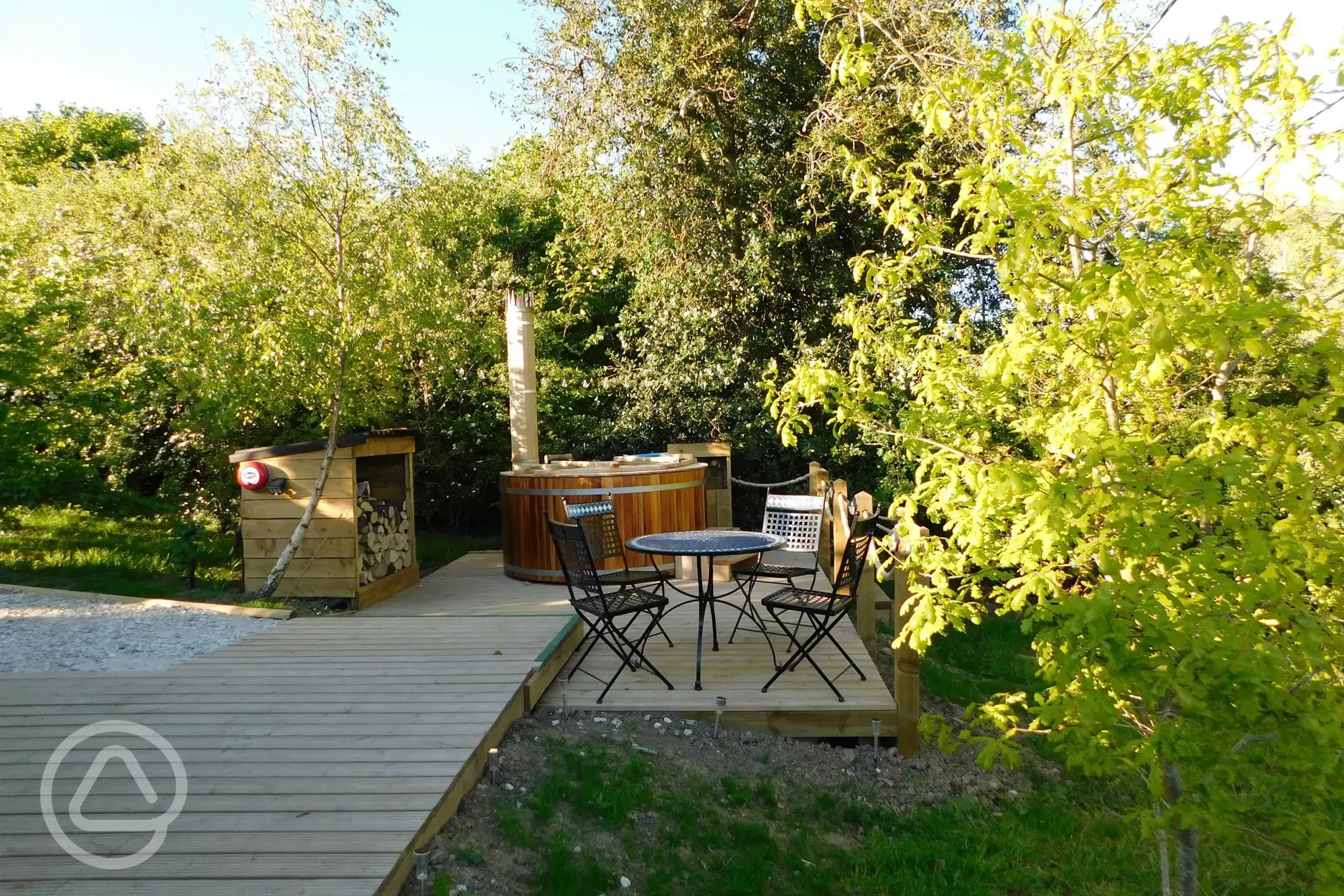 Yurt outdoor decking and wood-fired hot tub