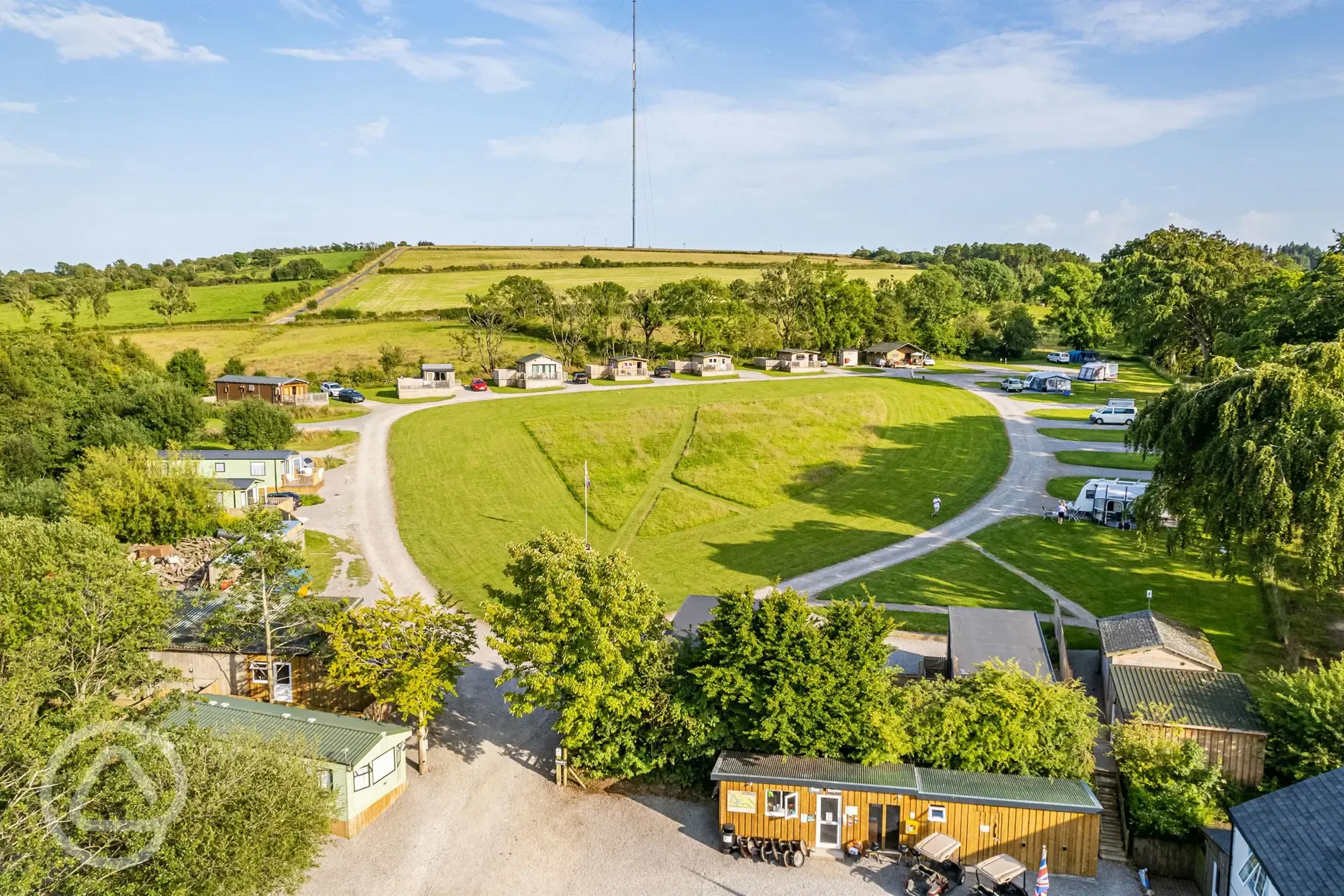 Aerial view of the touring and glamping area of Wallace Lane Farm