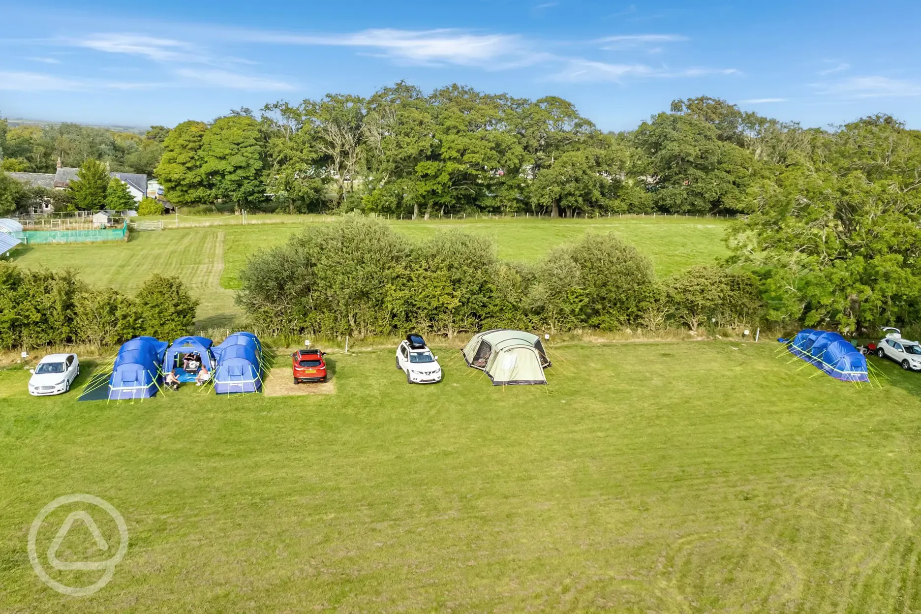 Aerial of the grass pitches in the camping field area