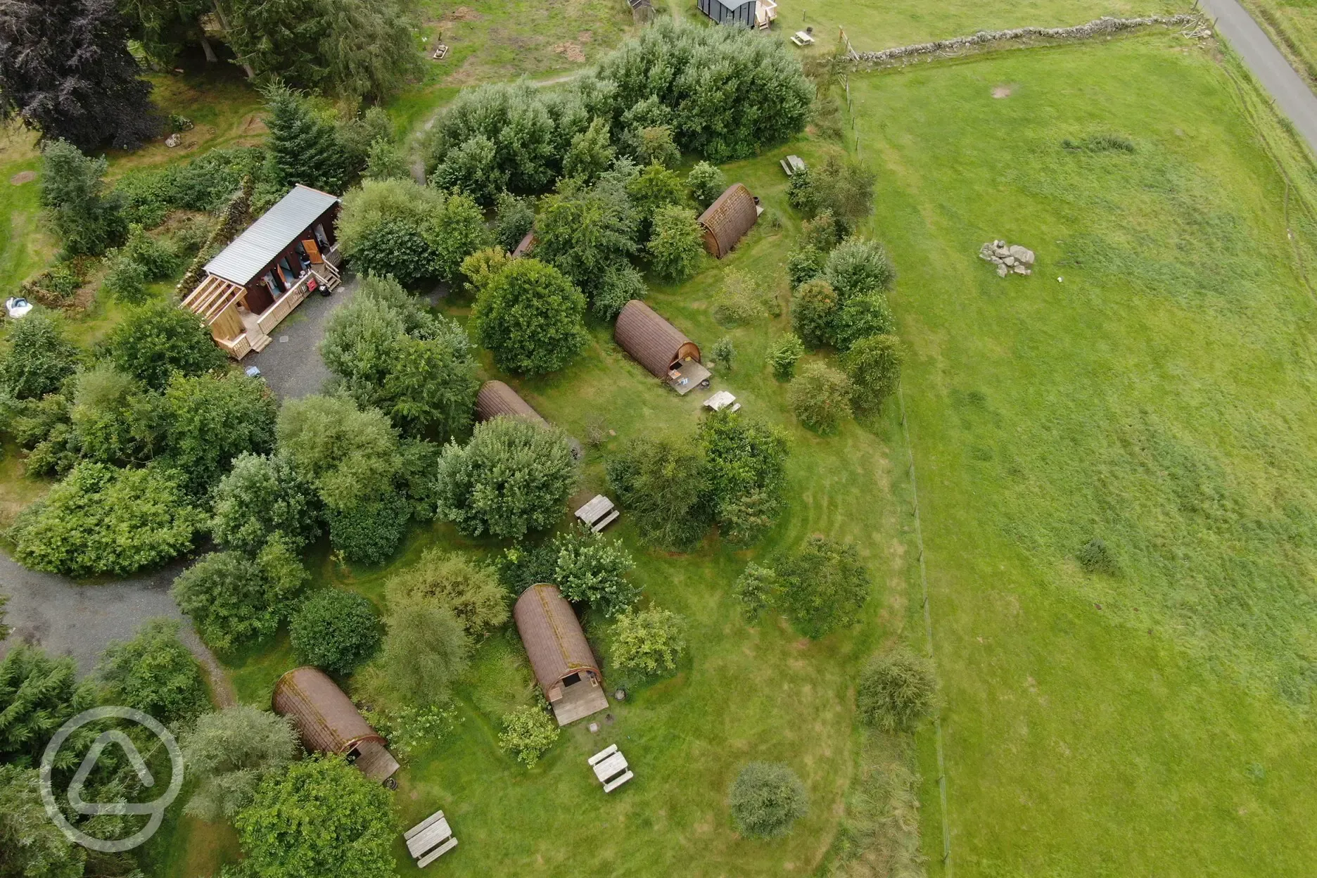 Aerial view of the glamping pods