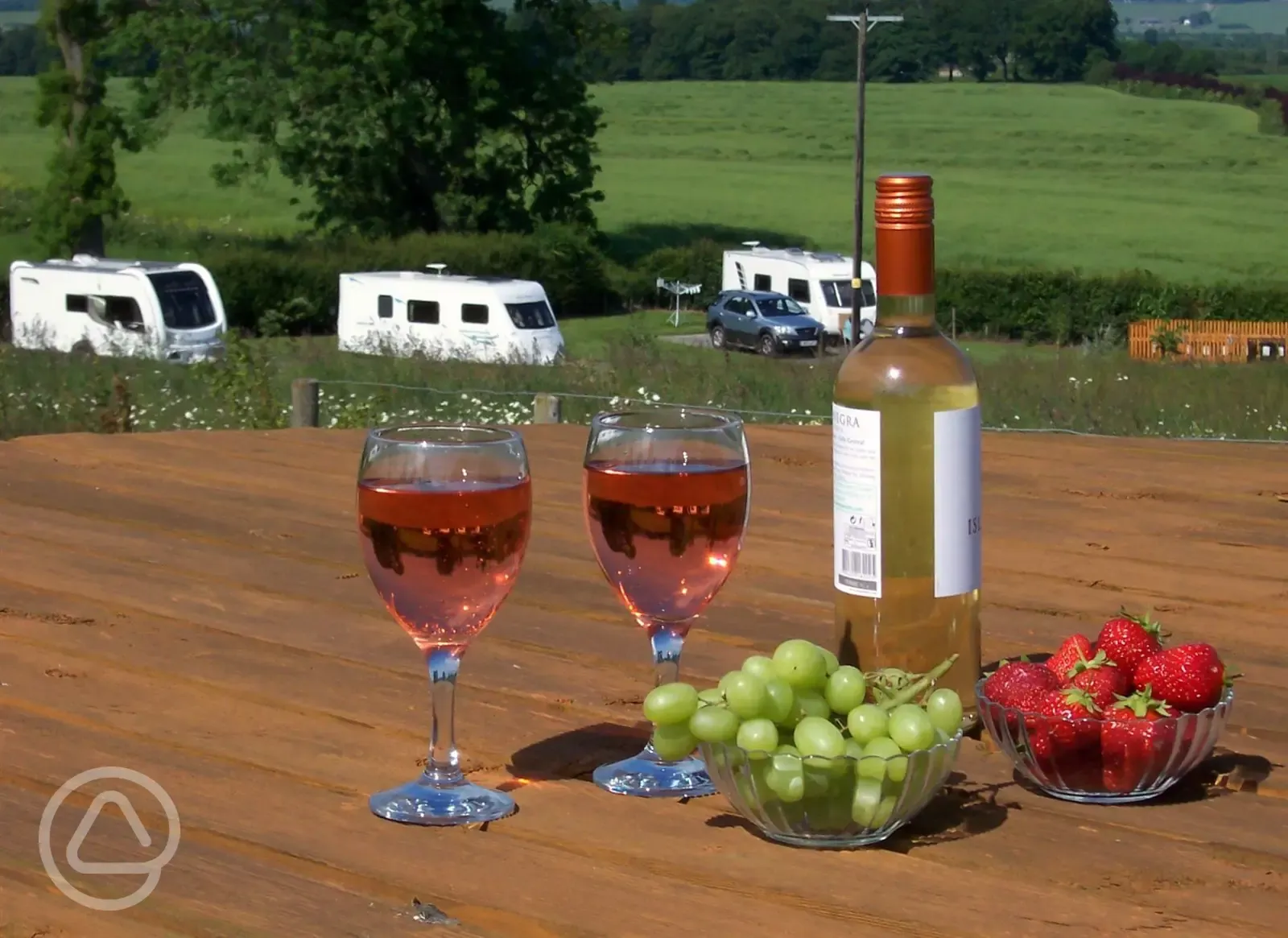 Picnic table overlooking wildlife pond and caravan pitches at Greetham Retreat