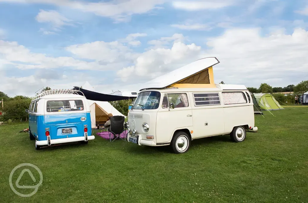Campervans on non electric grass pitches at Haw Wood Farm