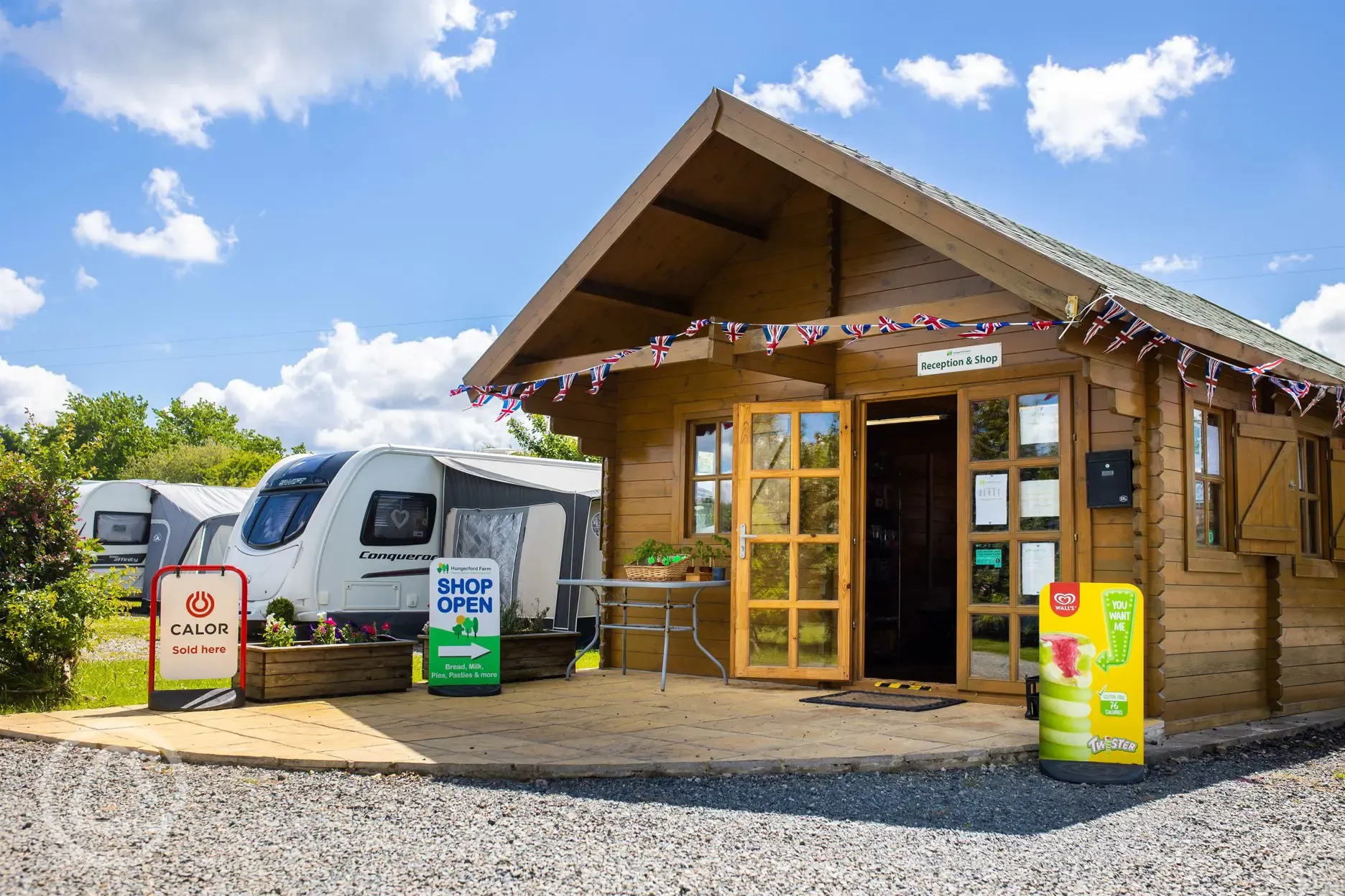Reception and shop at Hungerford Farm stocked with essentials