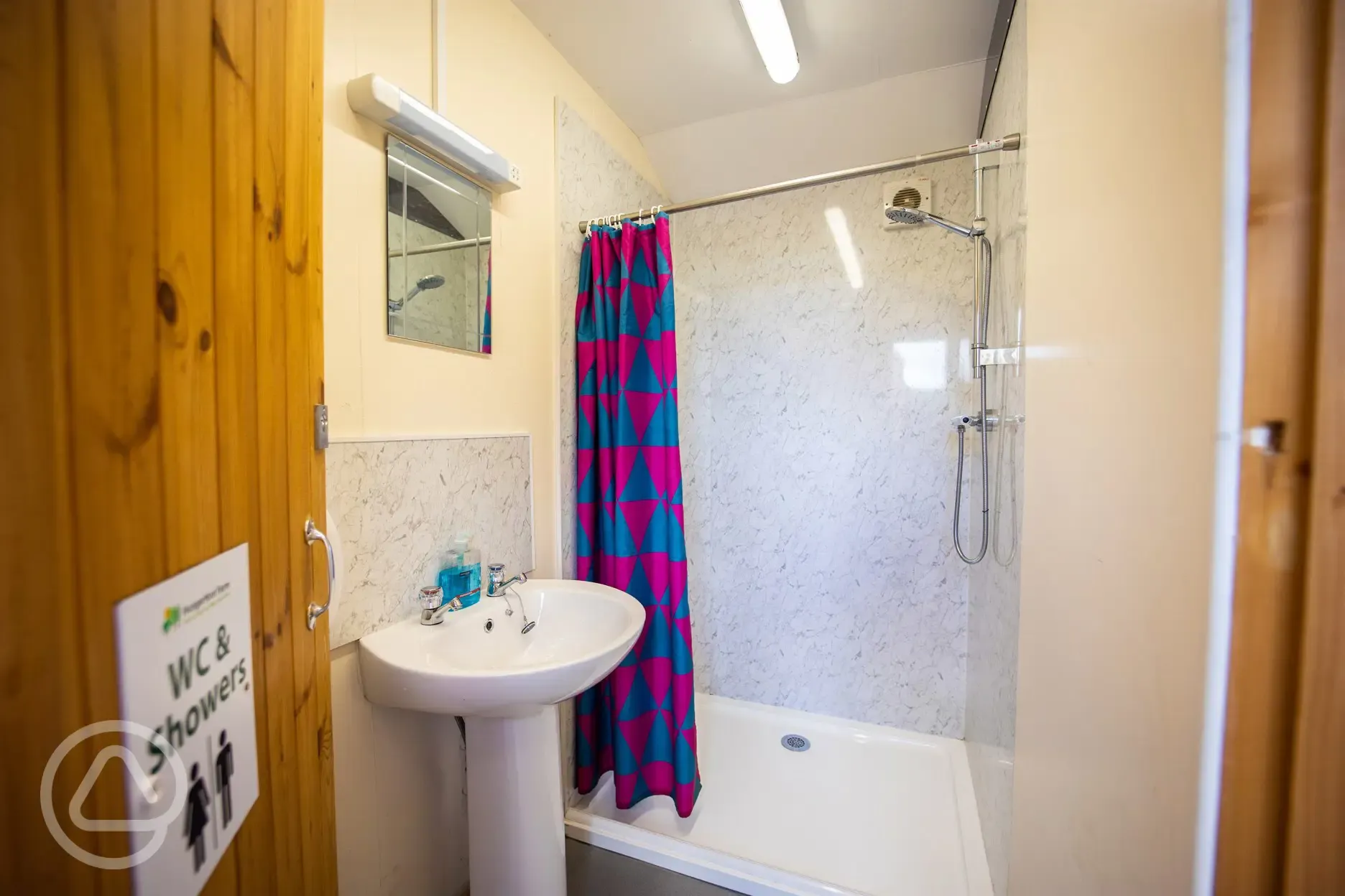 Hot water showers with a curtain