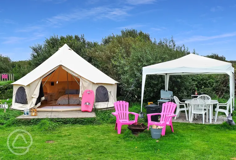 Bell tent with sheltered outdoor area