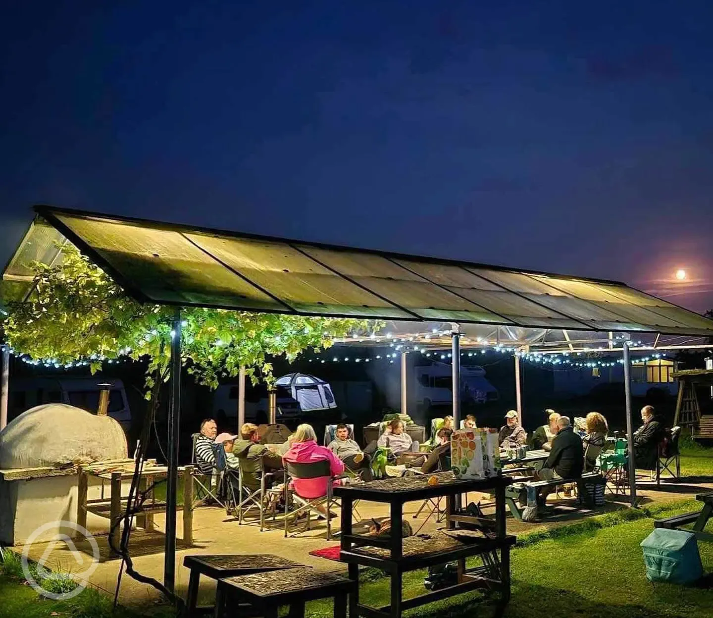 Communal covered area at night