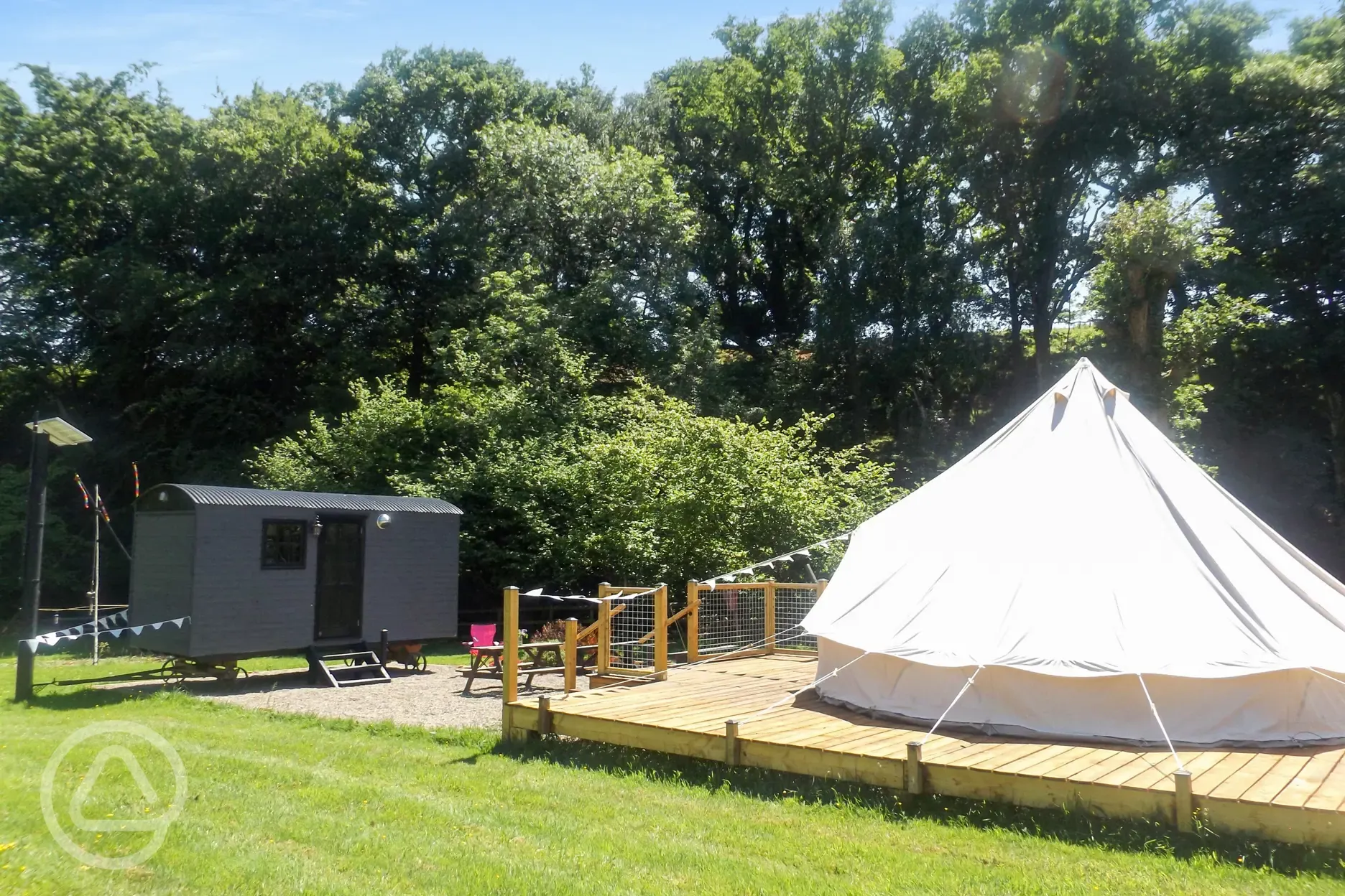 Large bell tent and shepherd's hut