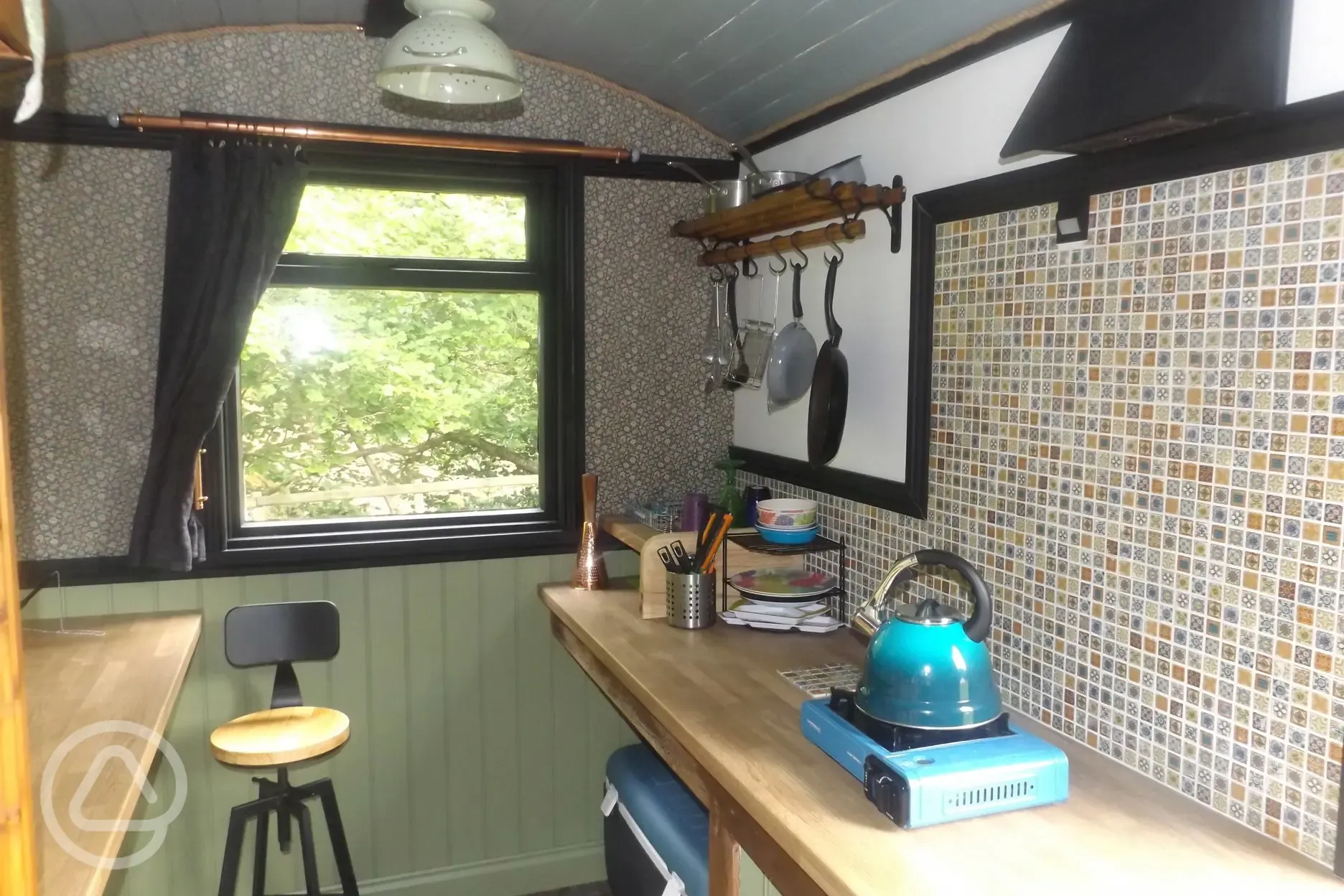 Large bell tent shepherd's hut interior