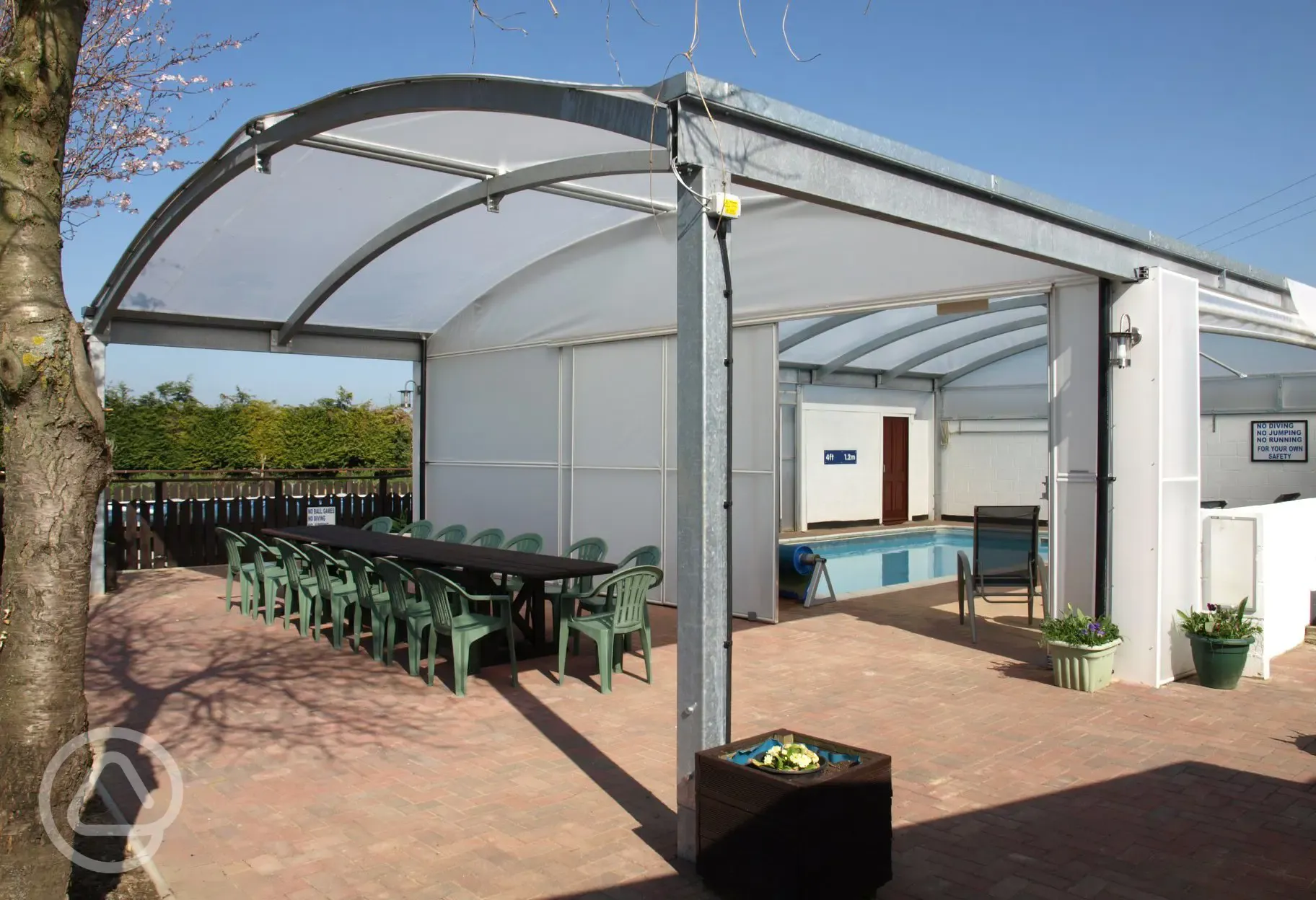 Outdoor seating by the swimming pool