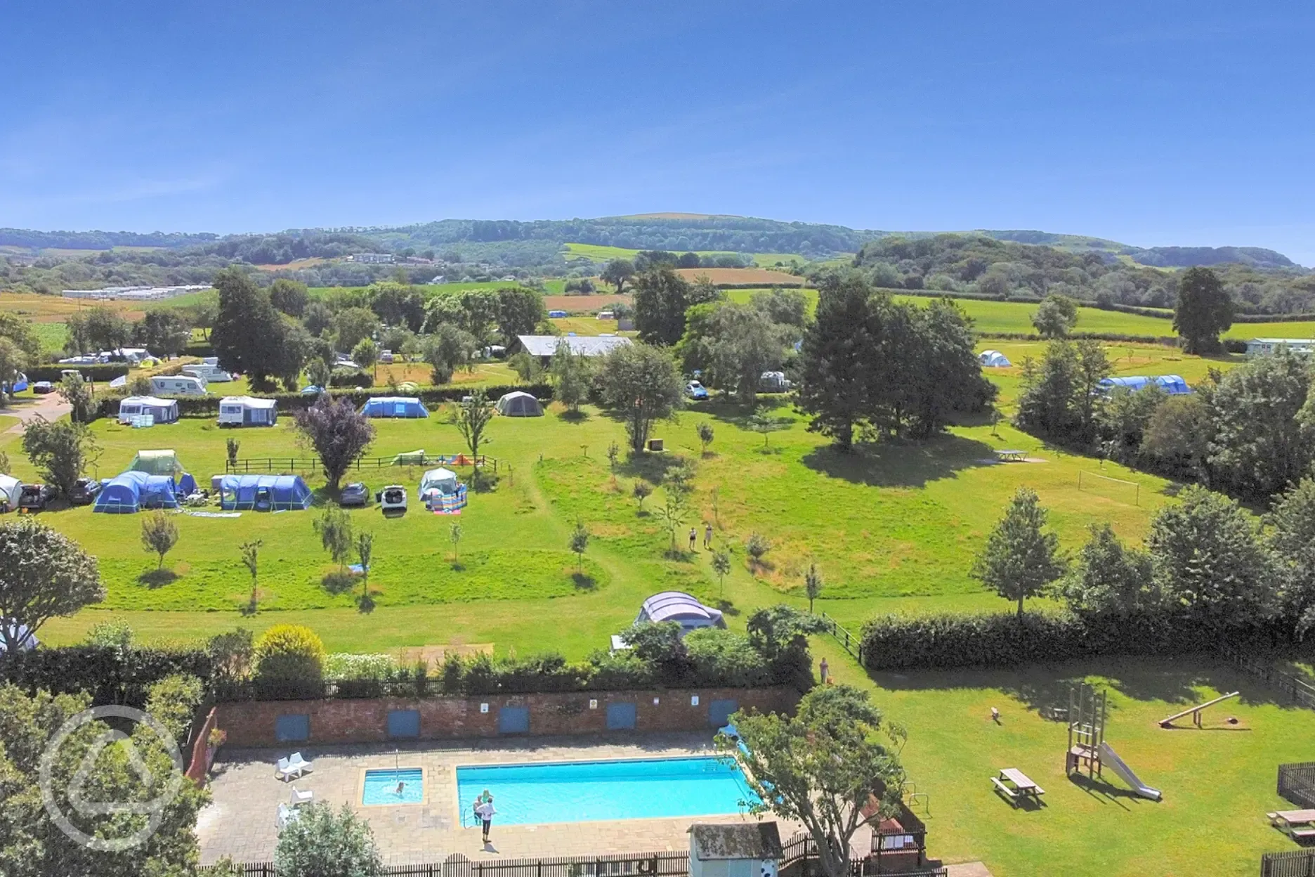 Aerial of Ninham Country Holidays and outdoor swimming pool Aerial of Ninham Country Holidays and outdoor swimming pool