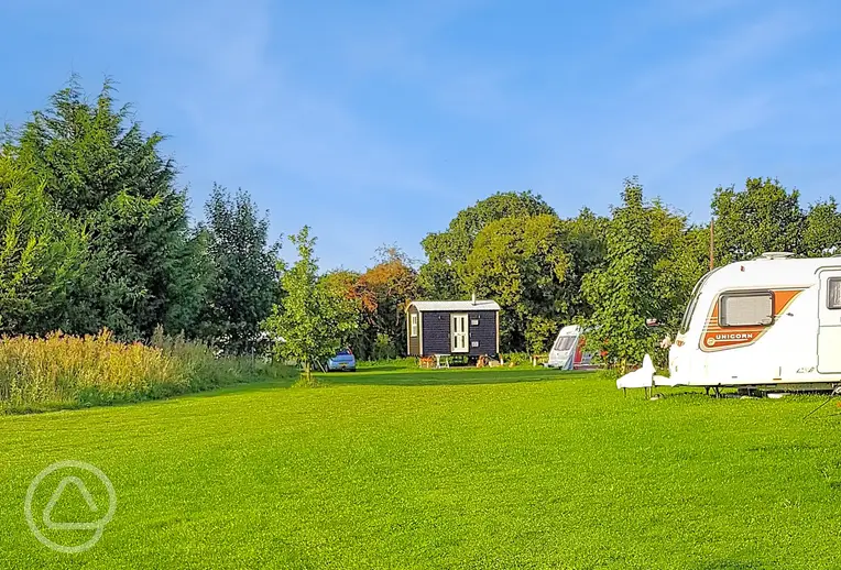 Shepherds hut and grass pitches at Rectory Farm Caravan Camping and Fishing Site