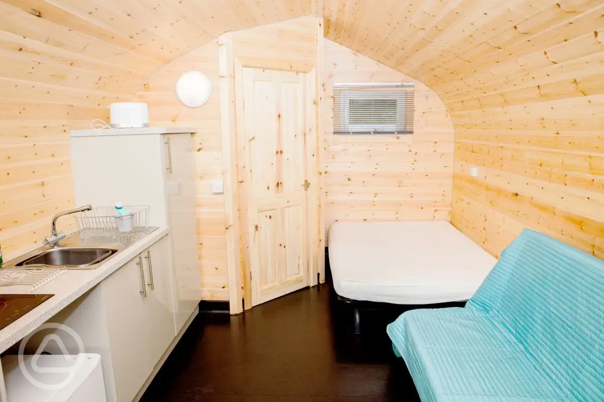 Deluxe pod interior at Springwood Fisheries