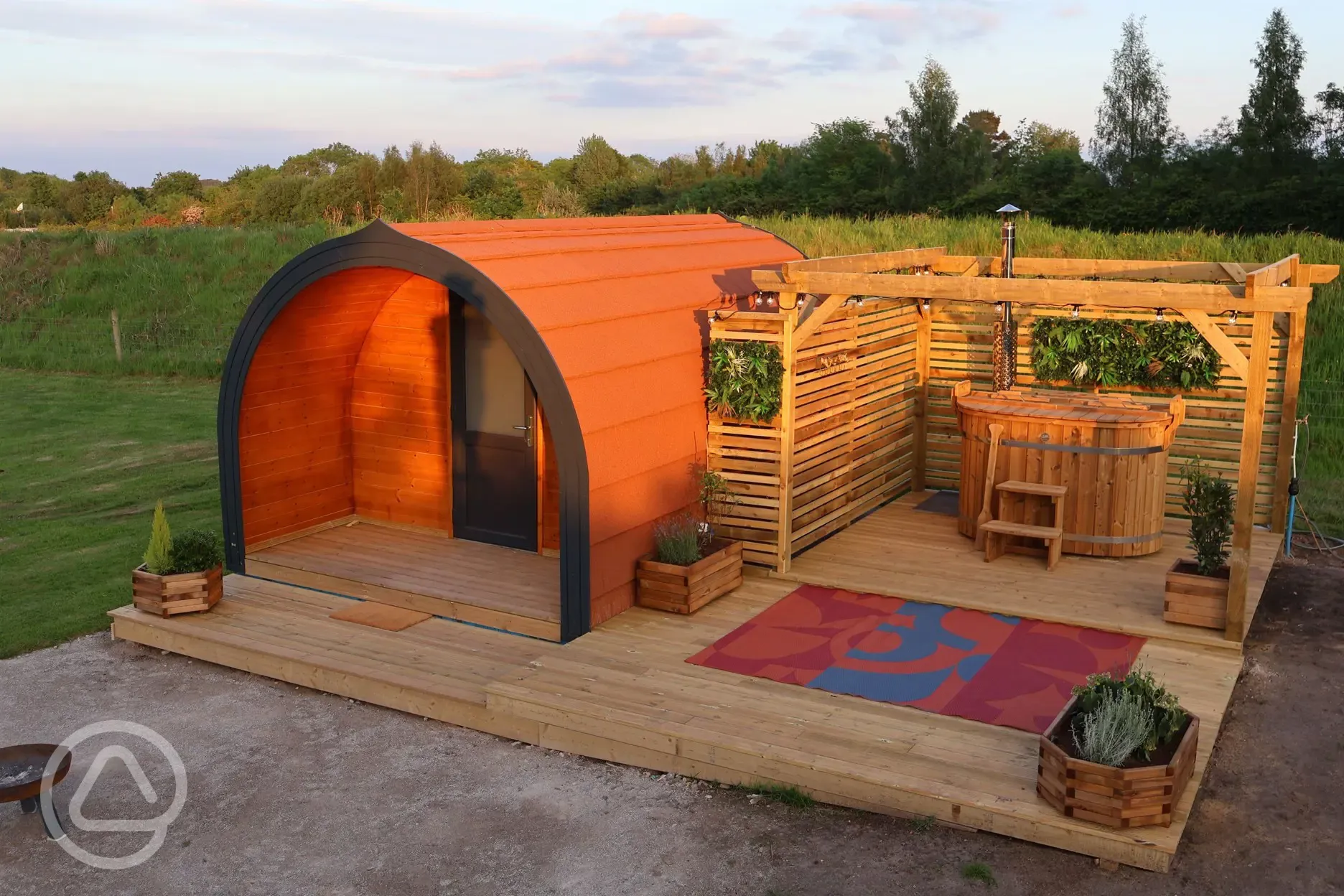 Heated camping pods with hot tub (wood view)