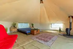 Bell tents with a double bed, futon bed and wood burning stove