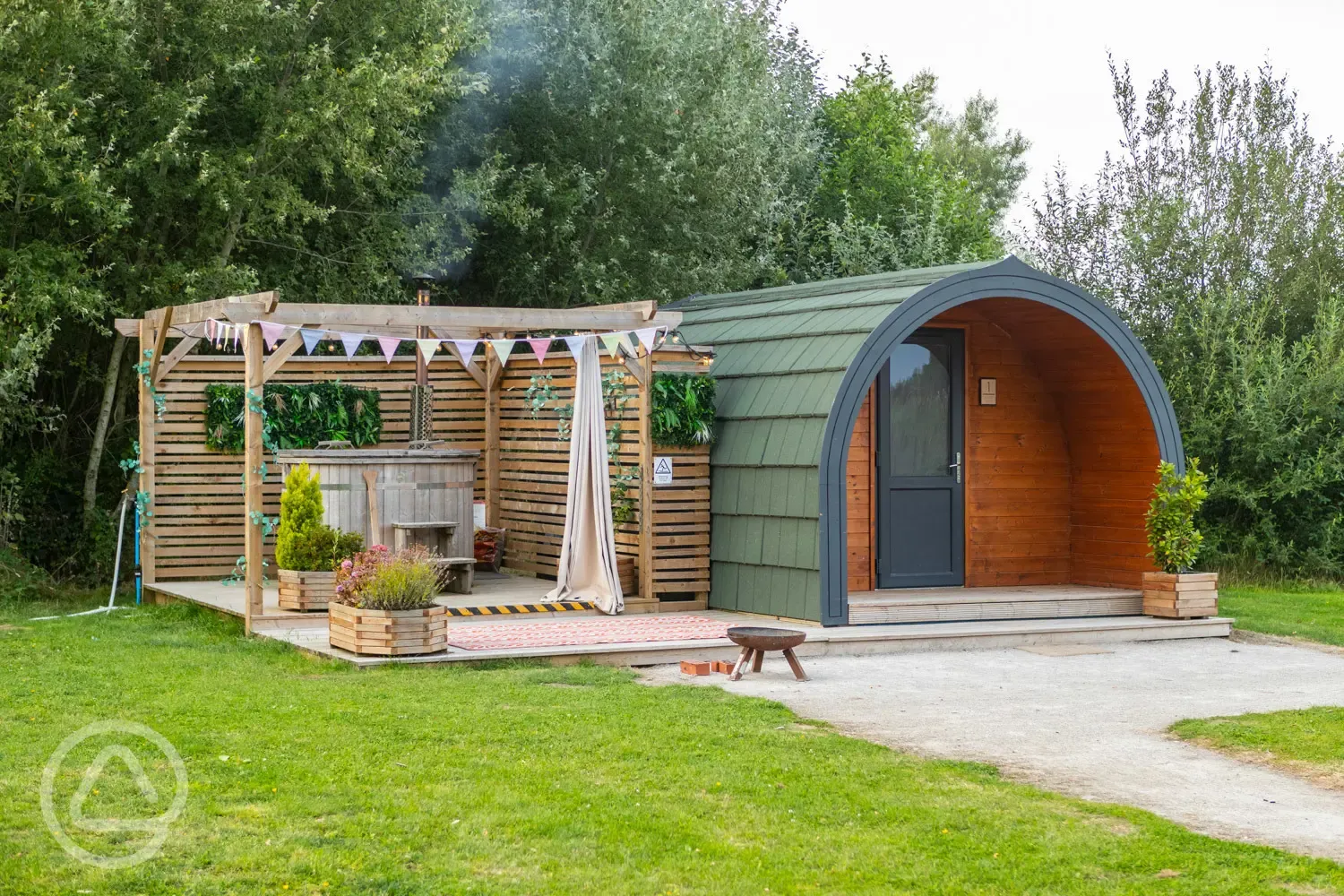 Heated camping pod with hot tub 