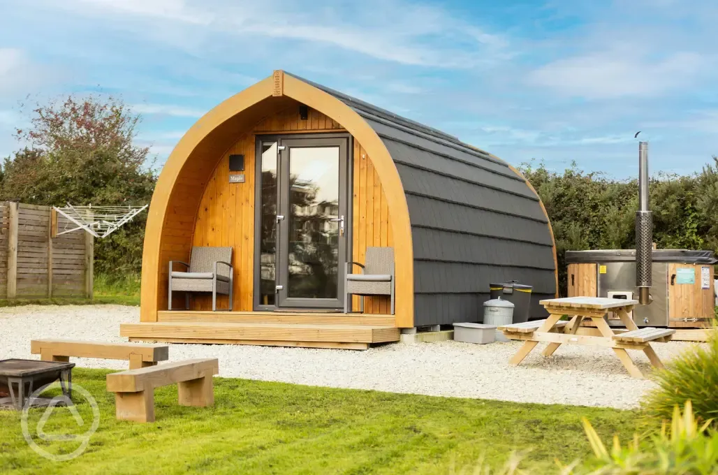Maple pod exterior with wood fired hot tub