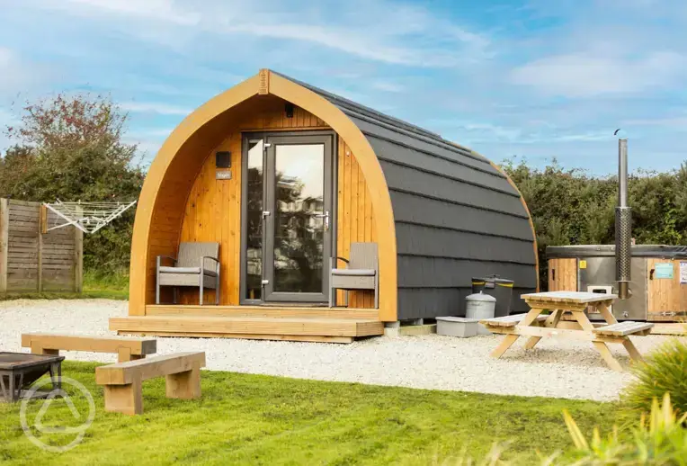 Maple pod exterior with wood fired hot tub