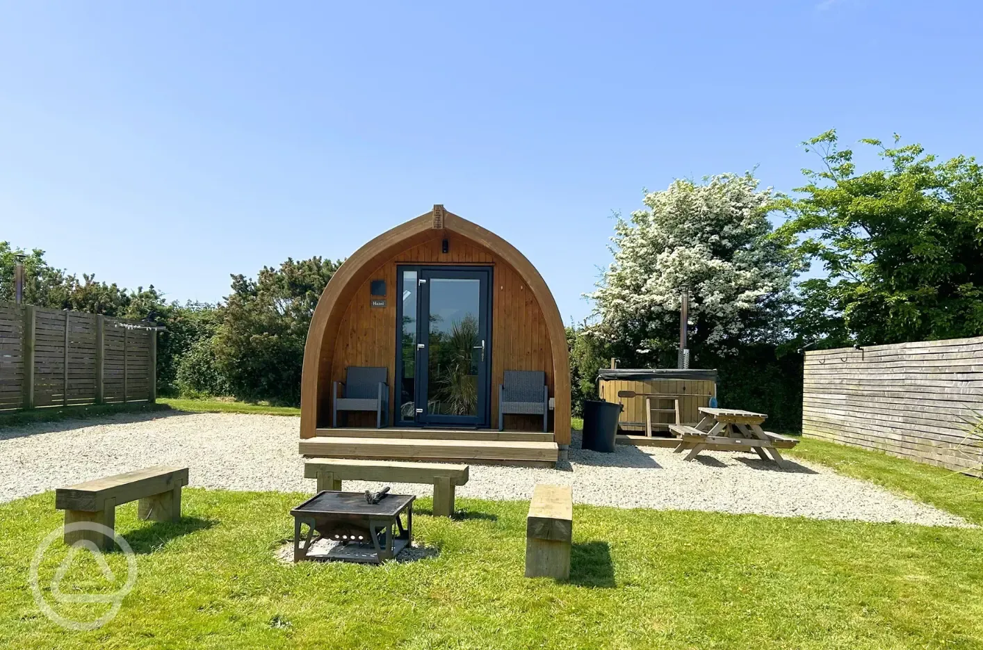 Hazel pod with wood-fired hot tub