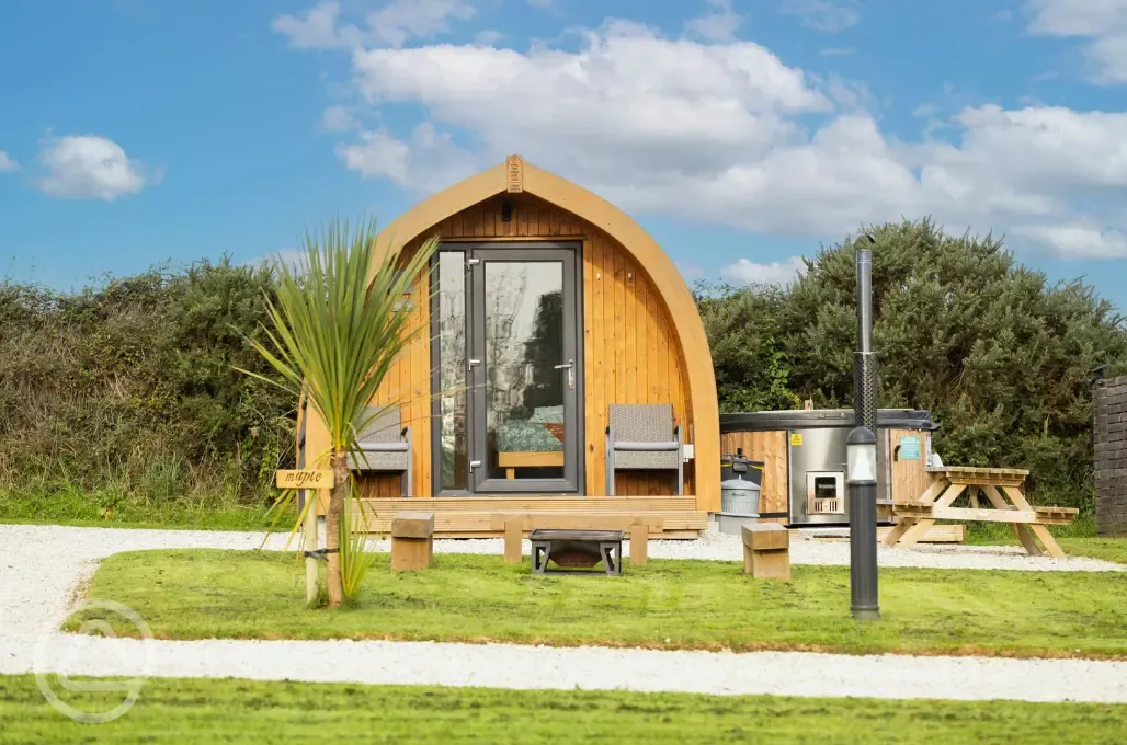 Maple pod exterior with wood fired hot tub