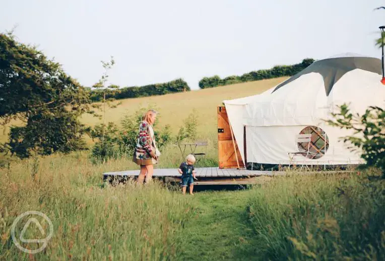 Families in yurts Tremeer Farm