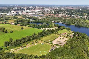 Aerial of Whitlingham Broad Campsite to Norwich and Whitlingham Country Park