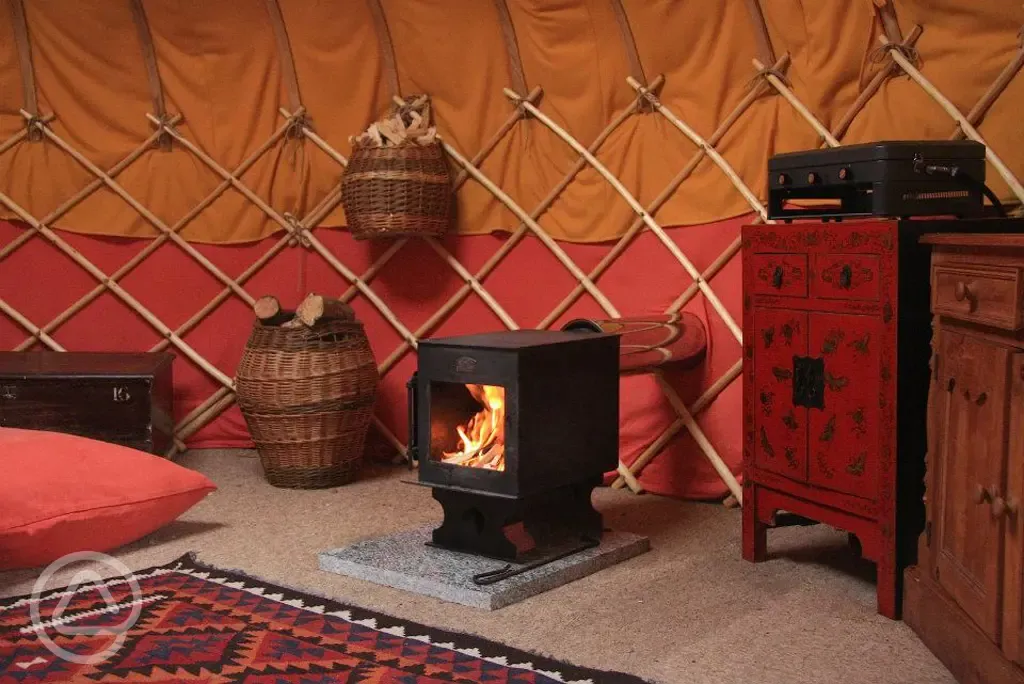 Fireplace in yurt