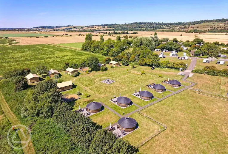 Daleacres Experience Freedom Glamping aerial of safari tents and yurts