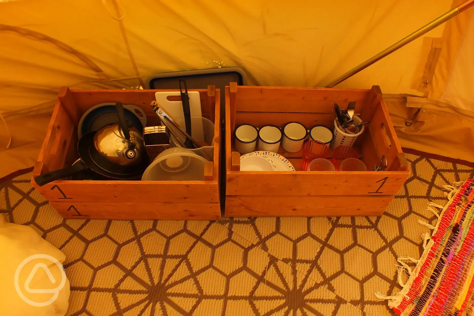 Crockery and cutlery provided in the bell tent