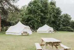 Bell tents with picnic benches