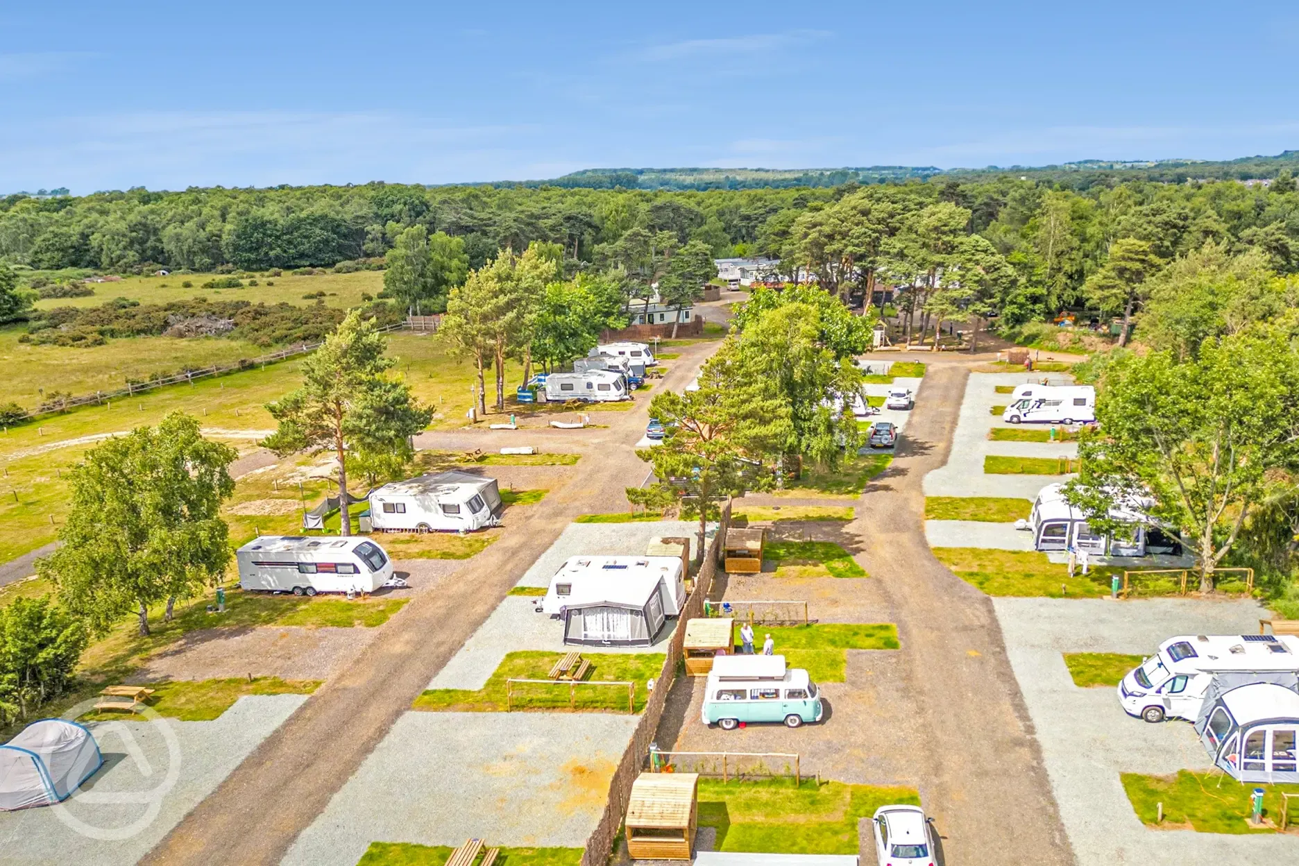 Aerial view of hardstanding pitches at Pinecones Caravan and Camping