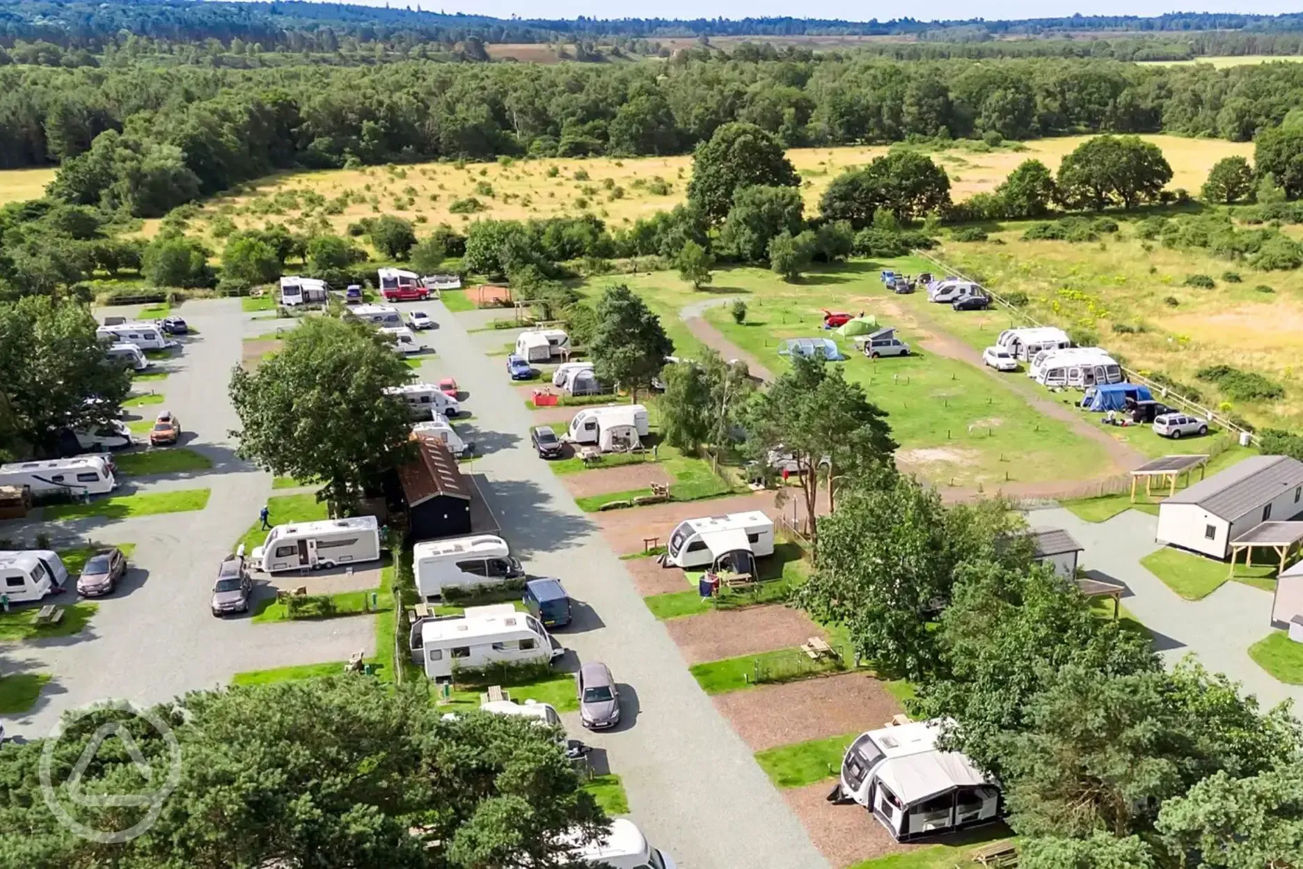 Aerial of Pinecones Caravan and Camping with fields beyond