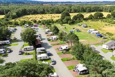 Aerial of Pinecones Caravan and Camping with fields beyond