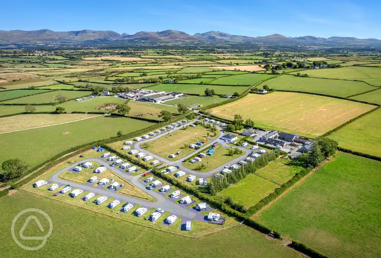 Aerial of Tai Hirion Farm overlooking Snowdonia mountain views