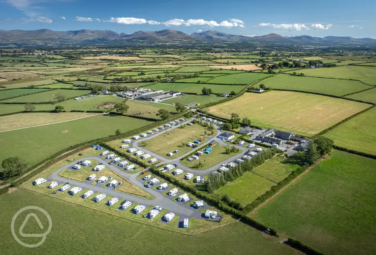 Tai Hirion Farm aerial with Snowdonia mountain views