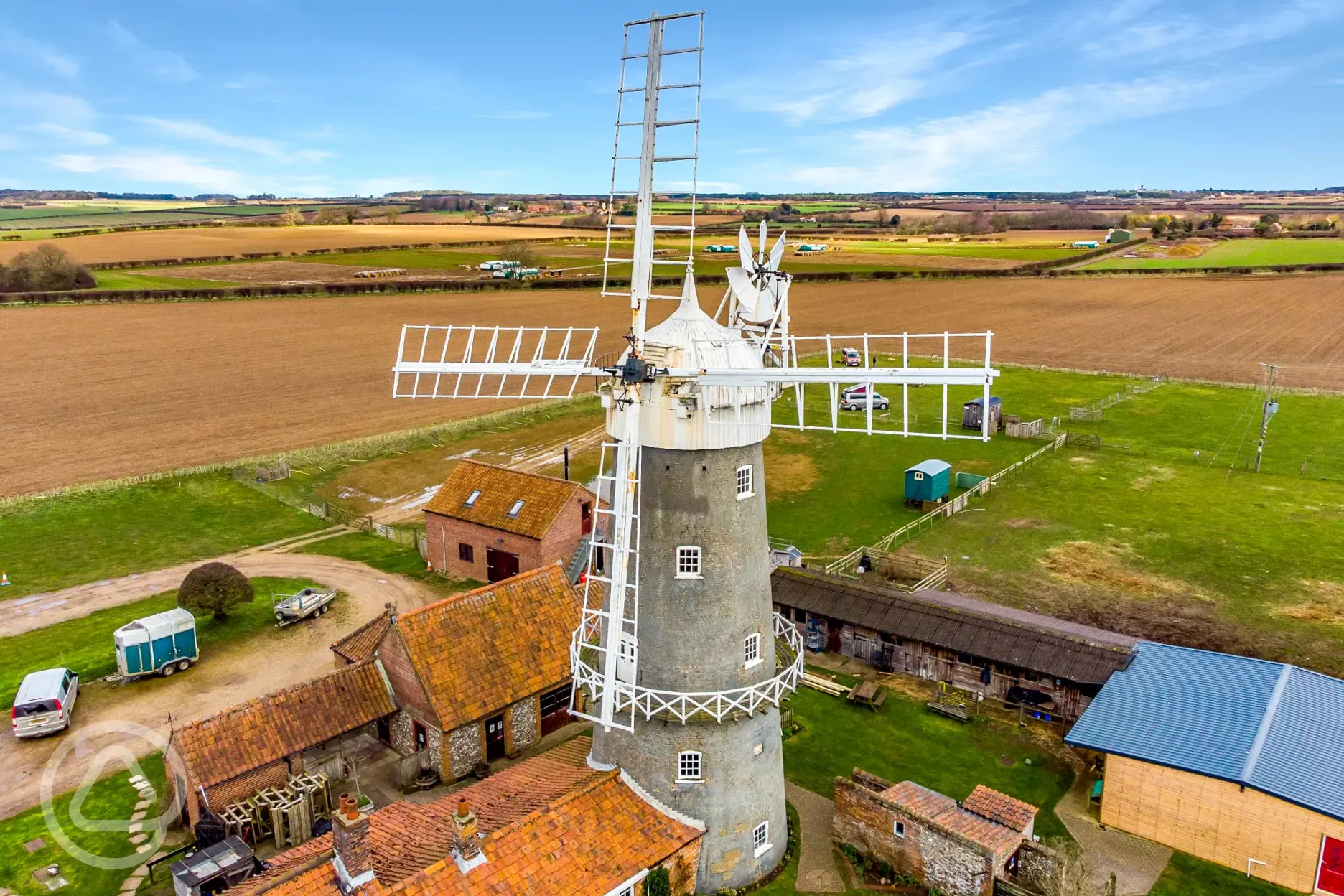 Aerial of windmill and surrounding fields