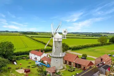 Aerial of the Bircham Windmill, the mill running since 1980, and bakery/cafe