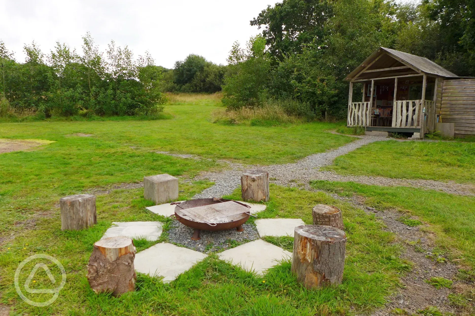 Great Orchard cabin kitchen hut and fire pit